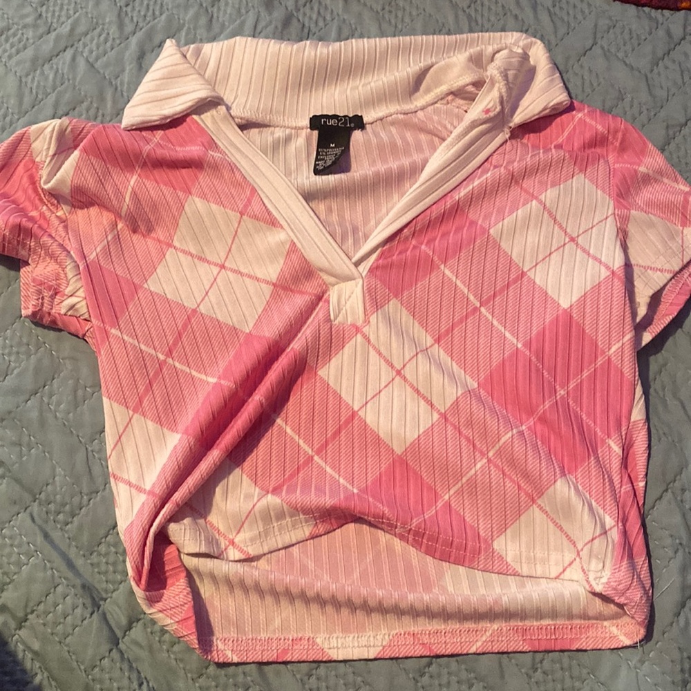 pink plaid cropped v neck